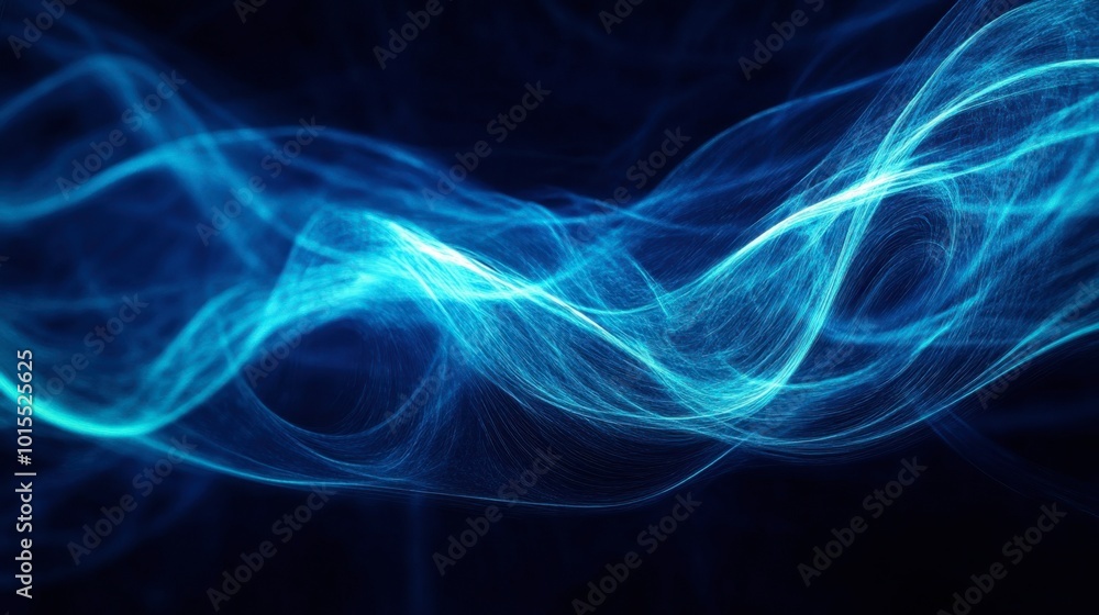 Poster abstract glowing blue lines swirling in a dark background, creating a futuristic pattern of light tr
