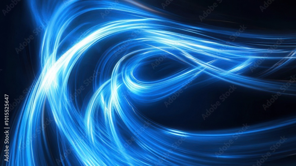 Poster abstract glowing blue lines swirling in a dark background, creating a futuristic pattern of light tr