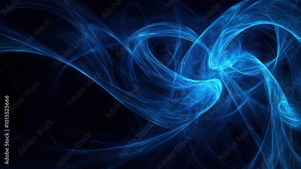 Poster abstract glowing blue lines swirling in a dark background, creating a futuristic pattern of light tr