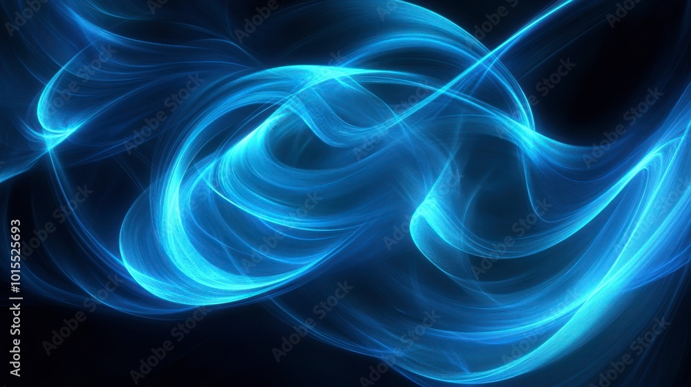 Poster abstract glowing blue lines swirling in a dark background, creating a futuristic pattern of light tr