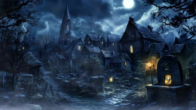 a spooky and terrifying village with flying bats. Seamless looping time-lapse virtual 4k video animation background