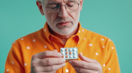 Elderly man managing daily medication with pill organizer on colorful backdrop promoting health wellness and senior care for aging populations