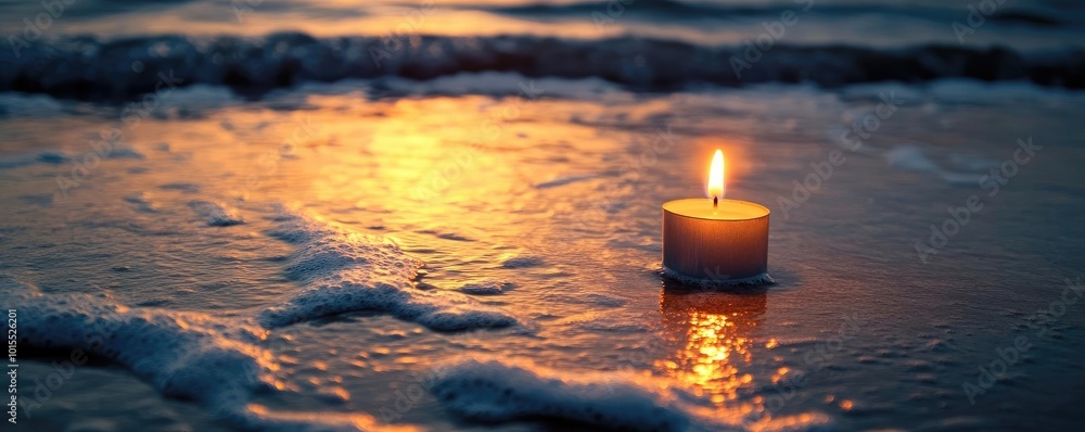 Poster a serene candle illuminated on the beach at twilight, reflecting soft light on the waves, creating a