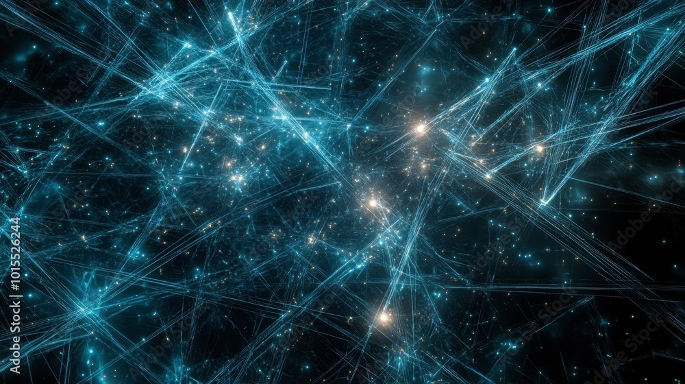 Poster abstract glowing lines in cool tones, intersecting in a complex web, evoking a sense of digital conn