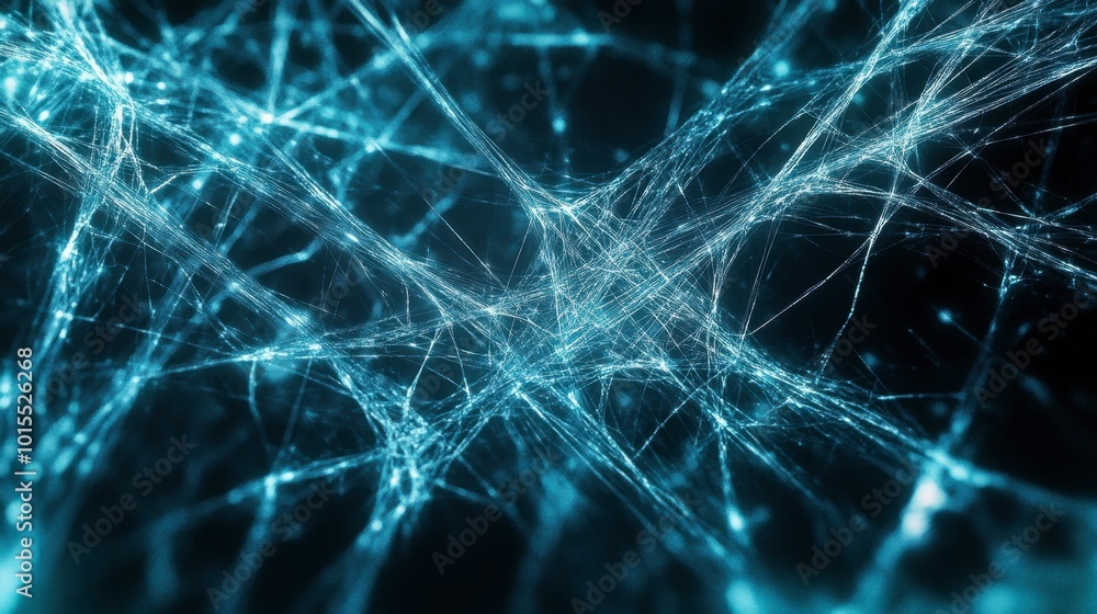 Poster abstract glowing lines in cool tones, intersecting in a complex web, evoking a sense of digital conn
