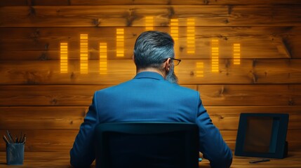 Businessman analyzing data trends on display in a modern office setting.