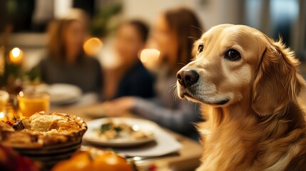 Family dog sitting next to the Thanksgiving table, hoping for a treat as the family enjoys their dinner 
