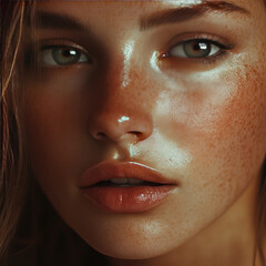 Naklejka premium close up facial shot of Tan beautiful woman is getting dark during summer beach going , high details of the pores and face features