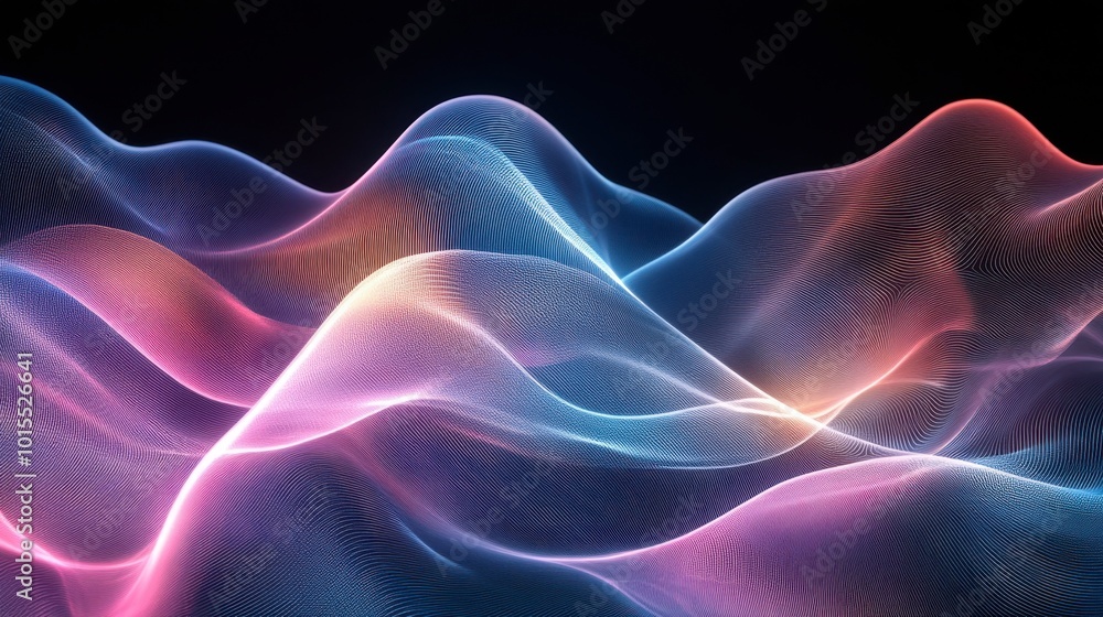Poster an abstract pattern of glowing lines in soft pastel colors, creating a gentle wave effect against a 
