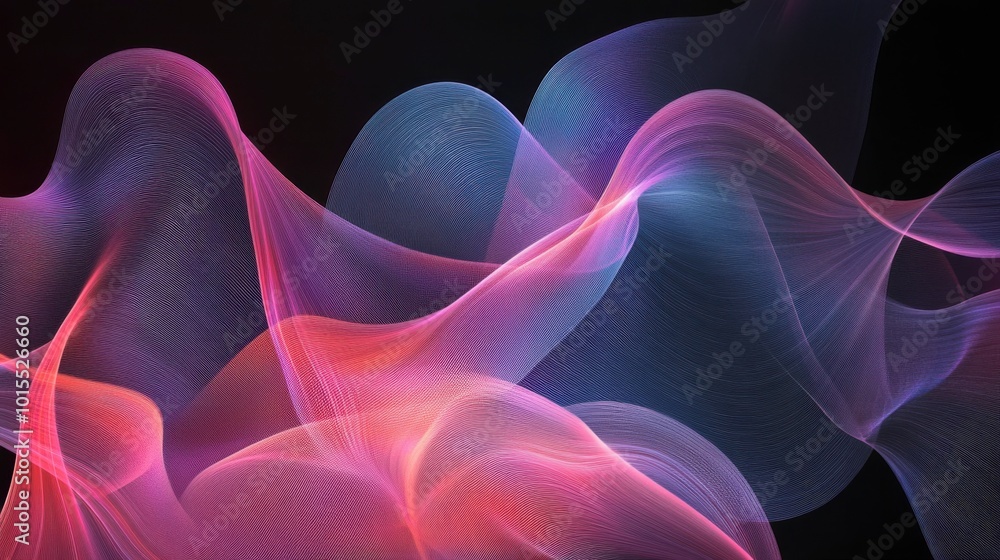 Poster an abstract pattern of glowing lines in soft pastel colors, creating a gentle wave effect against a 