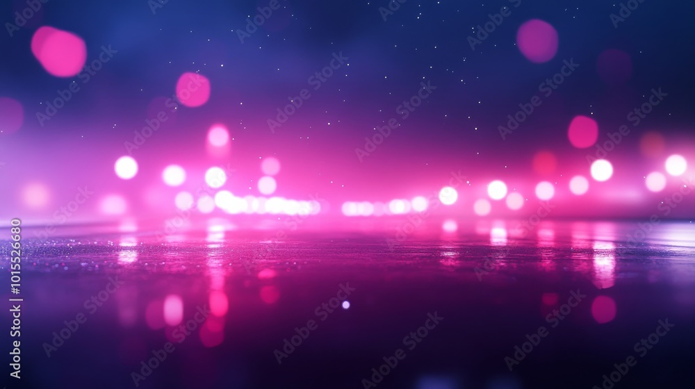 Poster intricate patterns of bright neon lights streak through the dark night, reflecting off a wet road, c