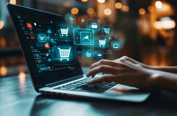 person shops online on their laptop, with shopping icons floating above, focusing on the keyboard.