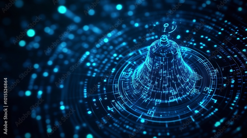 Poster digital blue bell icon with binary code element, ai in notification systems, event scheduling algori