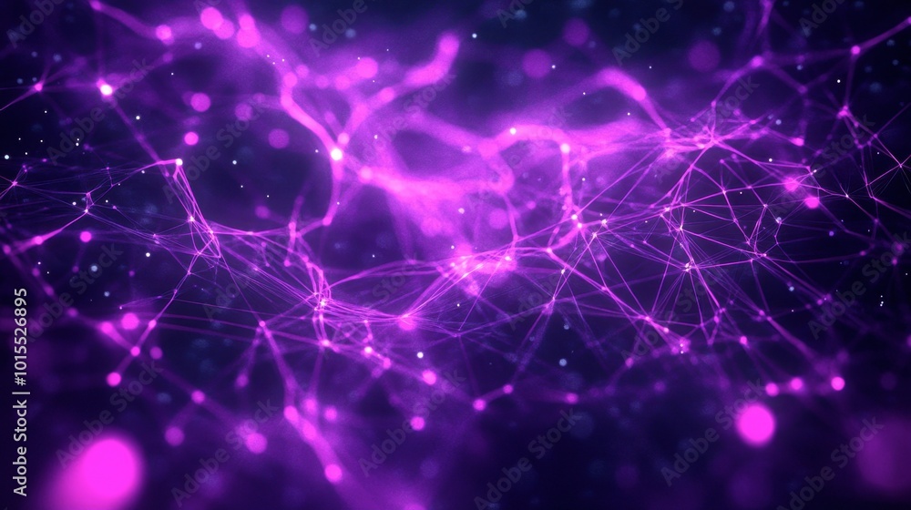 Poster an array of glowing purple lines crossing and weaving, forming a complex network on a dark backgroun