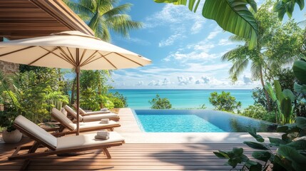 Fototapeta premium Lush poolside oasis with stylish deck chairs and a vibrant umbrella overlooking the serene ocean perfect for summer relaxation and vacation vibes