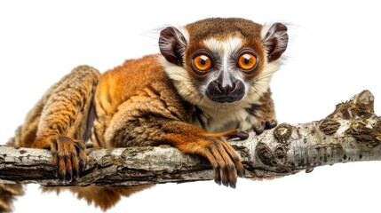 Lemur Loris with Intense Orange Eyes Holding onto Branch in Isolation Wildlife Photography Concept