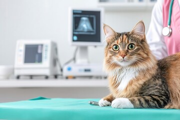 Cat lying on a veterinary table, ultrasound machine in the background, veterinary diagnosis, pet injury examination
