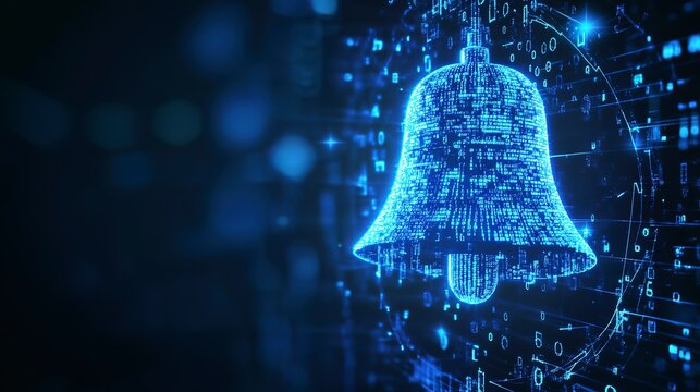 digital blue bell icon with binary code element, ai in notification systems, event scheduling algorithms, personalized alerts, communication for enhanced user engagement and productivity. 