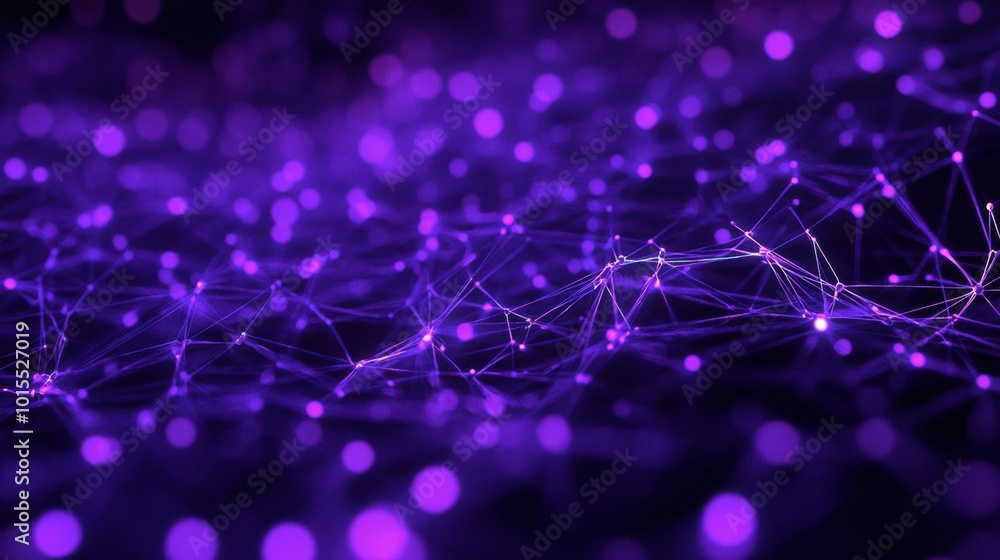 Poster an array of glowing purple lines crossing and weaving, forming a complex network on a dark backgroun