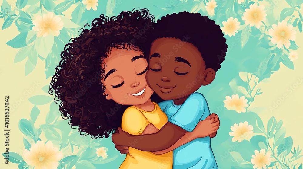 Poster Cute happy african american siblings hugging 