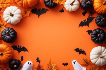Pumpkins, bats, and leaves on an orange background. Halloween theme with free space in the center.
