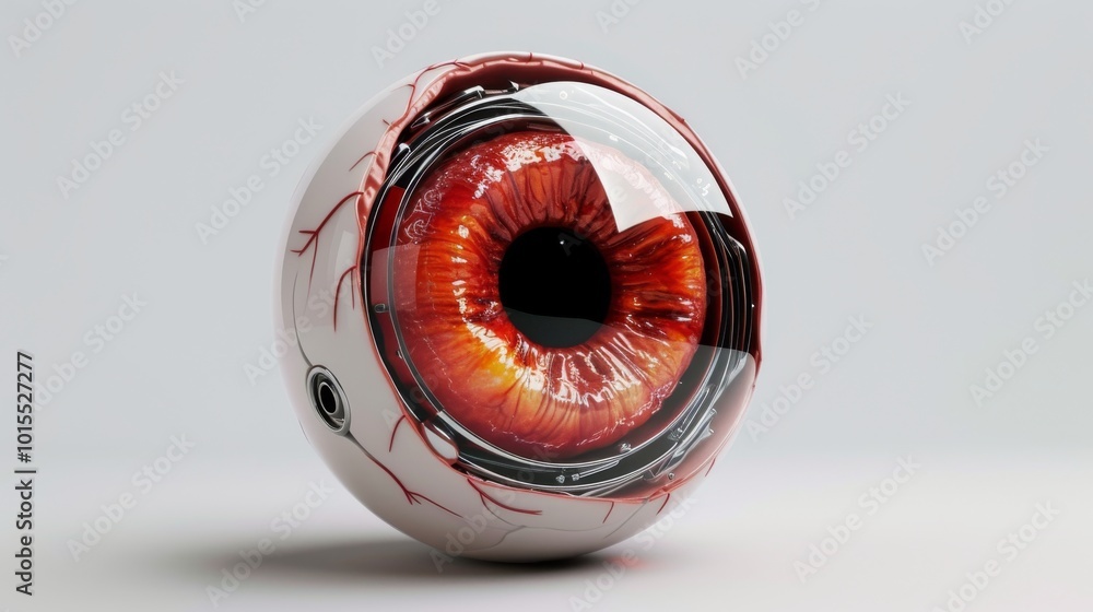 Poster a highly realistic and futuristic 3d rendering of a human eye, with mechanical elements blending int
