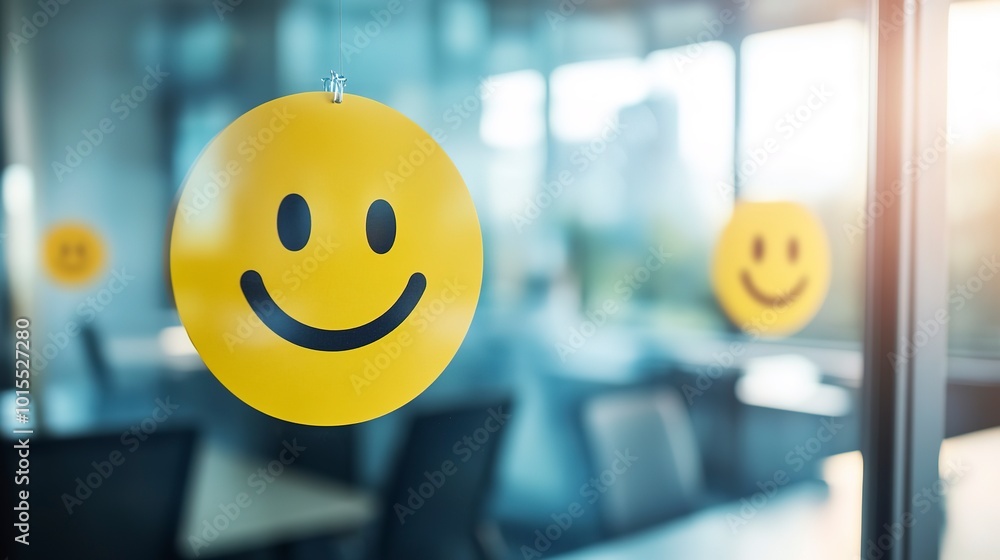 Poster concept of a happiness index driving employee satisfaction and workplace efficiency in a dynamic off