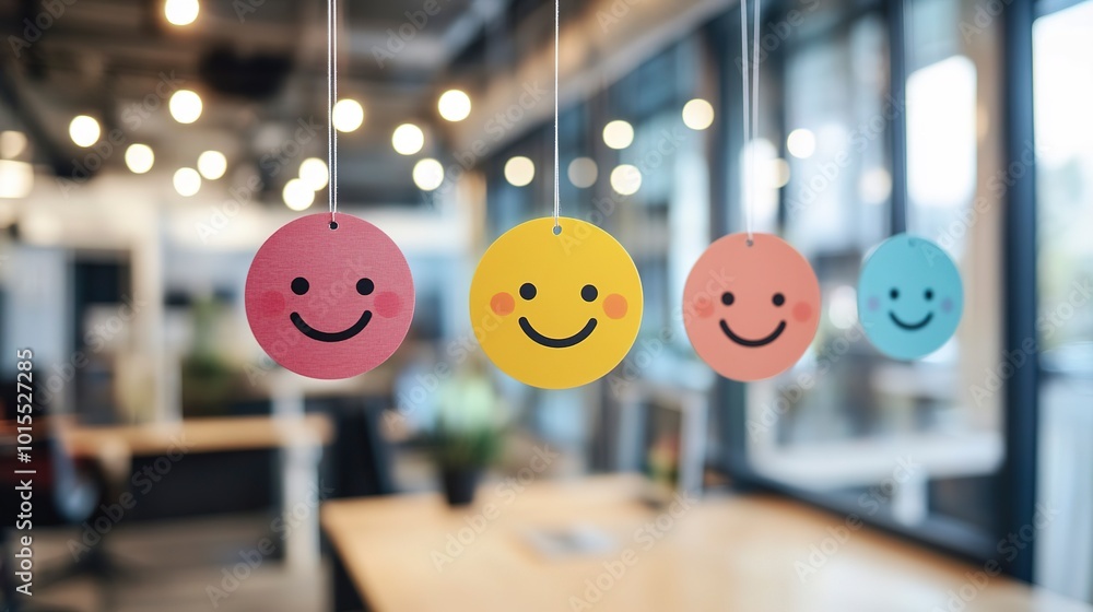 Poster concept of a happiness index driving employee satisfaction and workplace efficiency in a dynamic off