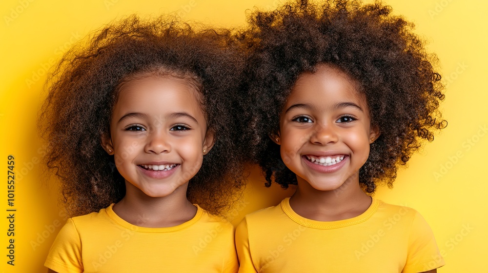 Sticker Close up portrait of two cute african american little girls smiling and looking at camera isolated on yellow background. Happy siblings day 