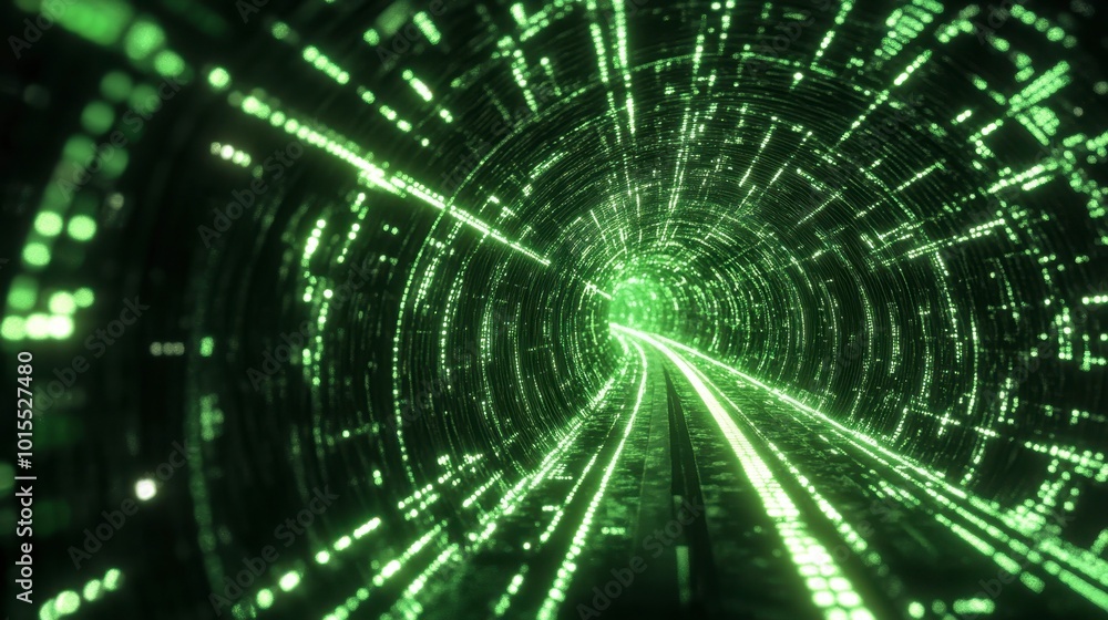 Poster glowing green lines forming a tunnel-like effect, with light particles streaming down the path on a 