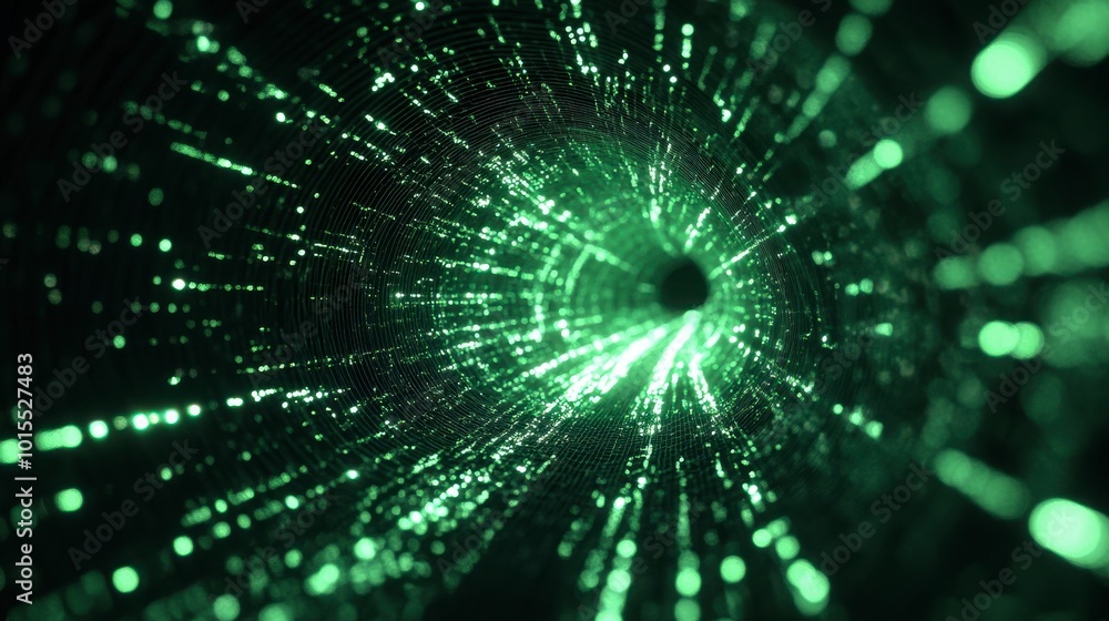 Poster glowing green lines forming a tunnel-like effect, with light particles streaming down the path on a 