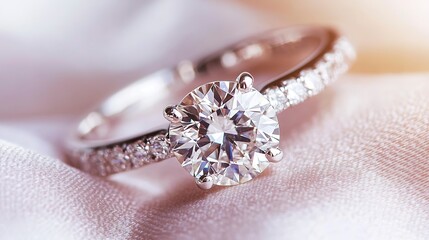 Close-up of a diamond engagement ring on a white background, capturing the fine details of the setting and the sparkling gem 