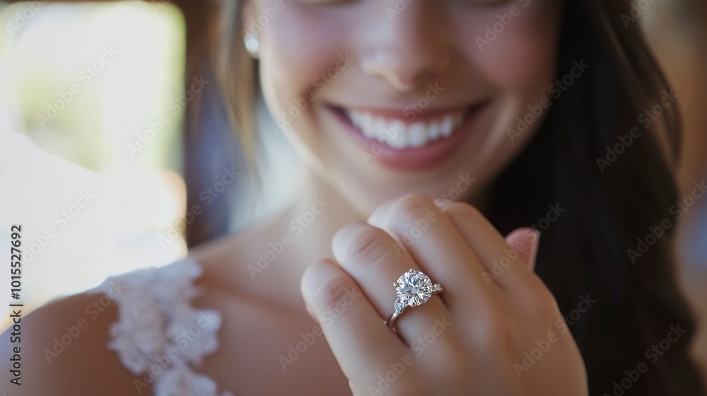 Sticker Bride showing off her diamond wedding ring with a beautiful engagement dress in the background.  