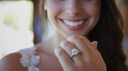 Bride showing off her diamond wedding ring with a beautiful engagement dress in the background.  