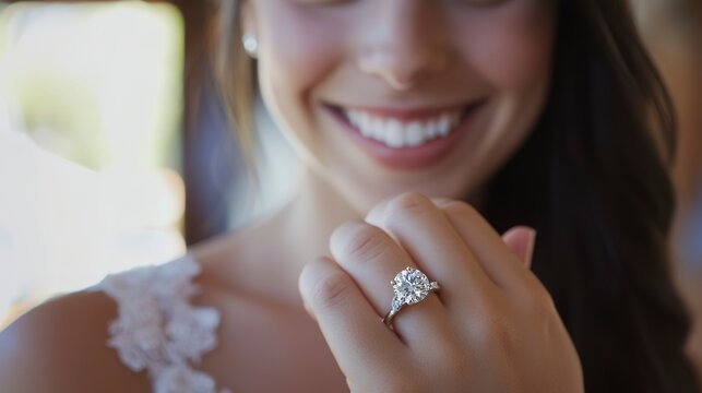 Bride showing off her diamond wedding ring with a beautiful engagement dress in the background.  