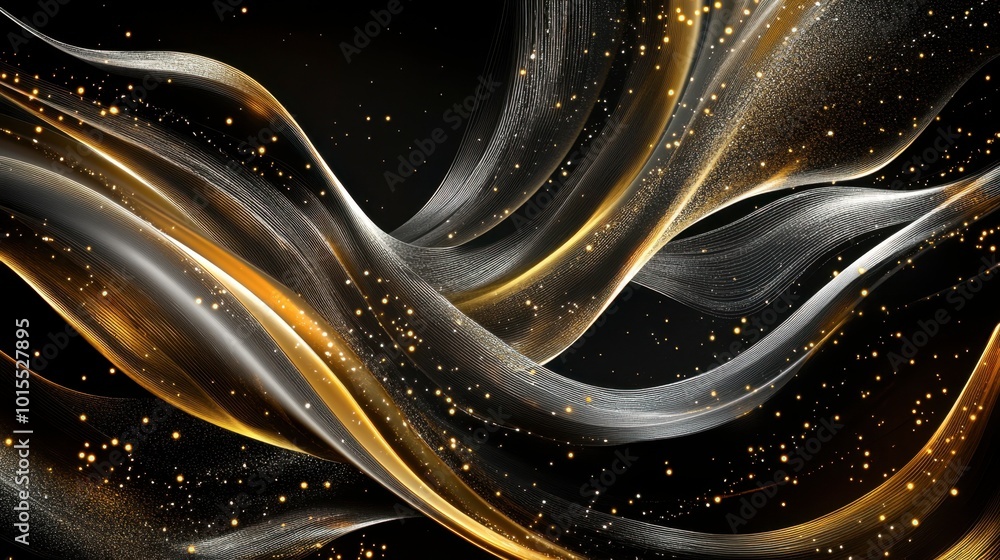 Poster glowing lines in gold and silver, creating an elegant, abstract pattern on a deep black background, 