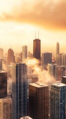 Obraz premium City skyline at sunset with buildings and fog, golden sky, urban atmosphere.
