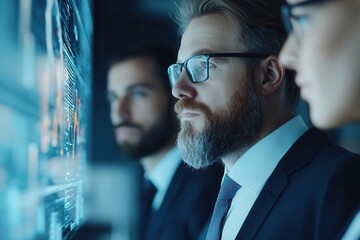 Business professionals in modern office collaborating over a digital holographic interface, representing synergy and teamwork, futuristic corporate concept