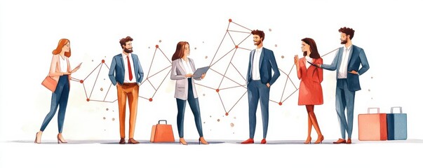 Fototapeta premium Business team with abstract geometric shapes connecting them, symbolizing the synergy and flow of ideas in modern corporate teamwork
