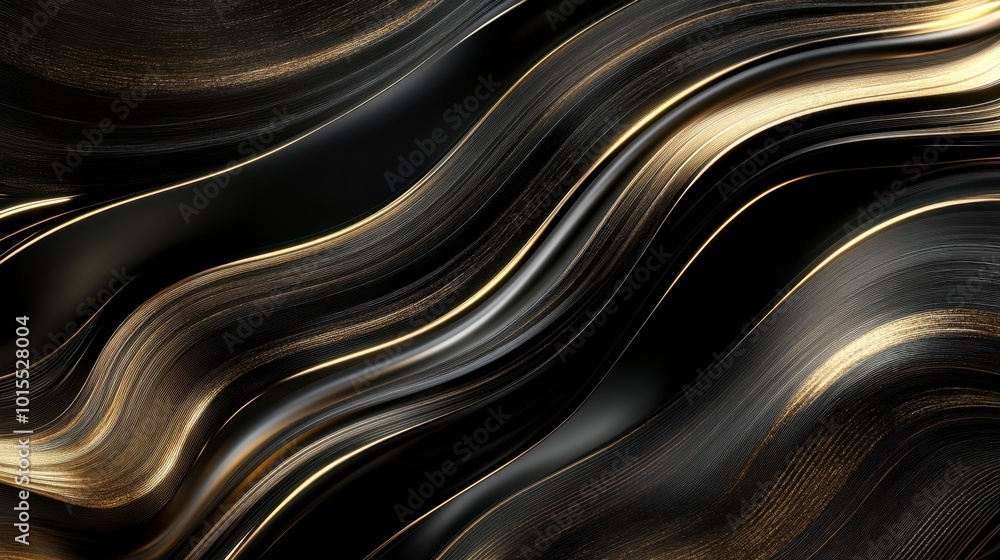 Poster glowing lines in gold and silver, creating an elegant, abstract pattern on a deep black background, 