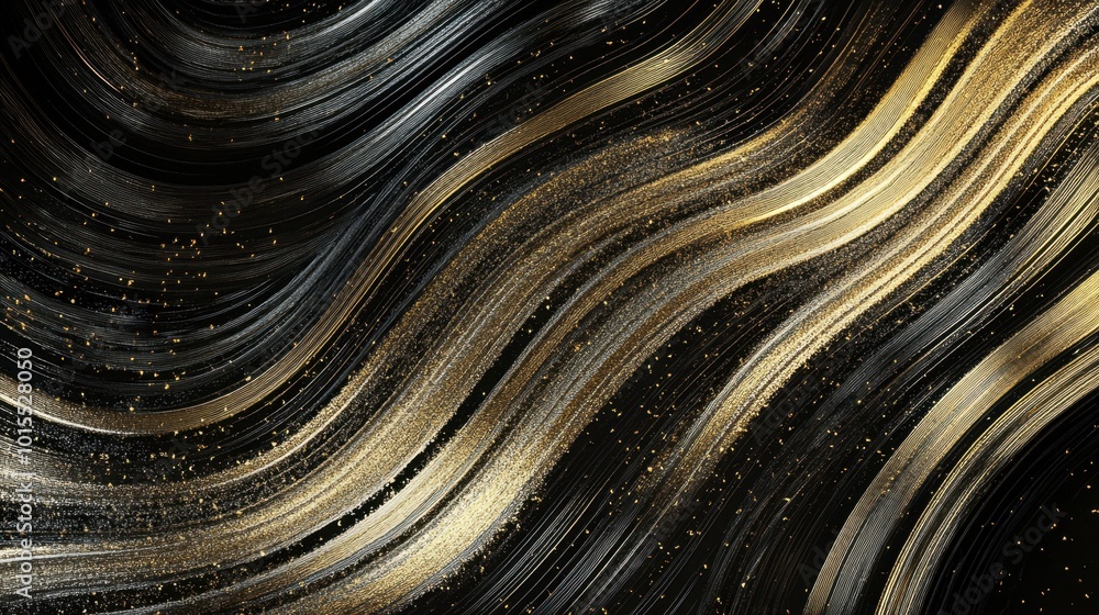 Poster glowing lines in gold and silver, creating an elegant, abstract pattern on a deep black background, 