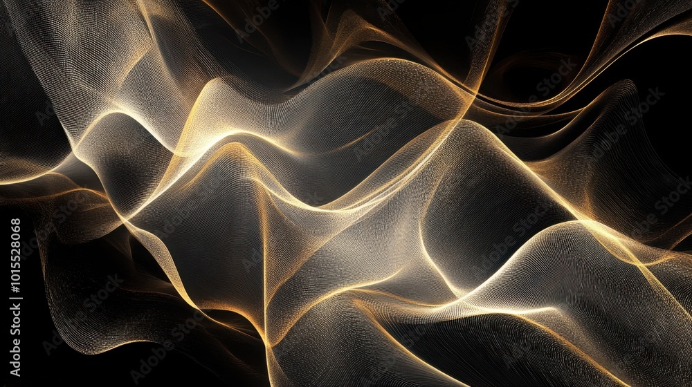 Poster glowing lines in gold and silver, creating an elegant, abstract pattern on a deep black background, 
