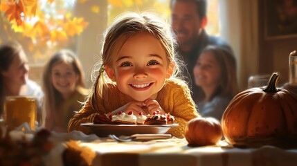 Fototapeta premium A young girl smiles brightly as she enjoys a Thanksgiving Day treat with her family 