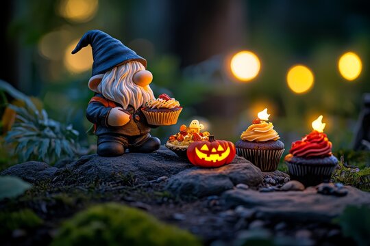 Realistic image of a gnome hosting a Halloween baking contest at a village festival, with spooky-themed cupcakes and pies on display