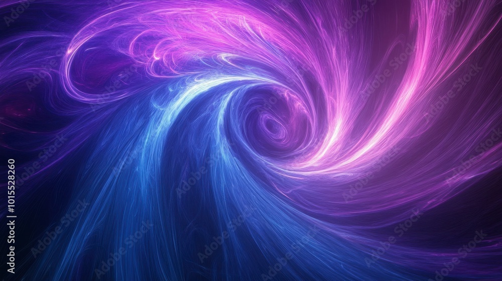 Poster glowing lines in purple and blue, creating a swirling vortex pattern, with a sense of depth and move