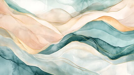 Abstract Watercolor Landscape with Golden Lines