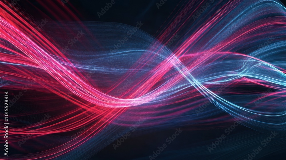 Poster glowing lines in red and blue crossing each other, forming an abstract light pattern with a sense of
