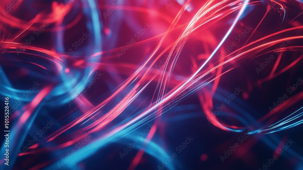 Poster glowing lines in red and blue crossing each other, forming an abstract light pattern with a sense of