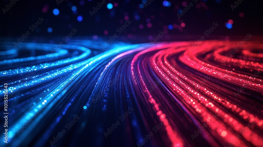 Poster glowing lines in red and blue crossing each other, forming an abstract light pattern with a sense of