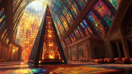 Obraz premium A stunning interior featuring vibrant stained glass. The pyramid stands majestically, illuminated by colorful sunlight.